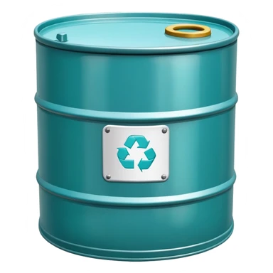 Oil barrel in cool tones with sky blue, teal green, white, and light gray sticker