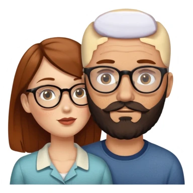 Couple. Bald man with dark brown-black beard. White woman with many small, faded freckles, she has white skin and she has auburn-brown-cinnamon, dark long hair. She has light brown eyes. The man have hazel eyes and glasses. She don’t wear glasses. Retro style. She kisses him. sticker