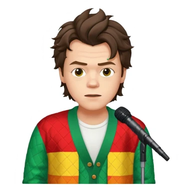 harry styles with a mic, he is wearing a patchwork colorful (red, yellow,green) cardigan and a white t-shirt under sticker