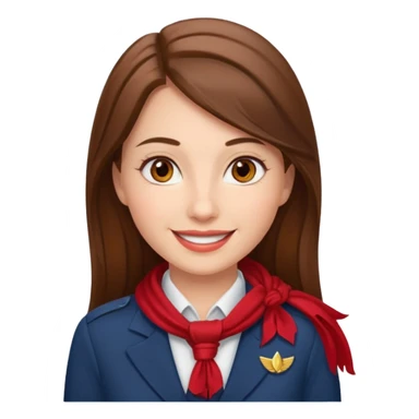 Female flight attendant, with red scarf, white shirt, long brown hair, brown eyes, iOS emoji-type face, fair skin,  sticker