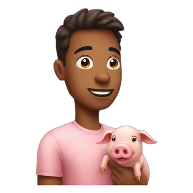 a young man talk with a pig sticker