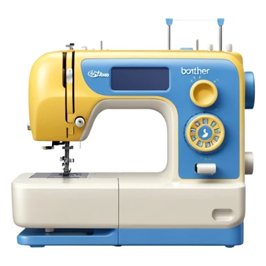 Modern Brother-style computerized sewing machine emoji, white and this yellow #FFB31E and light gray with a blue thread spool, small LCD screen and round dial, three-quarter view, soft gradients and shadows in Apple emoji style, plain light background. sticker