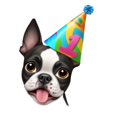 Boston terrier wearing birthday hat and # sticker