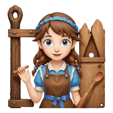 Kind happy whimsical quirky Girl toymaker, wood carving elf. Woodland creator. Blue eyes. brown hair (just below chin length) wavy hair & bangs. Whimsical playful cute sticker