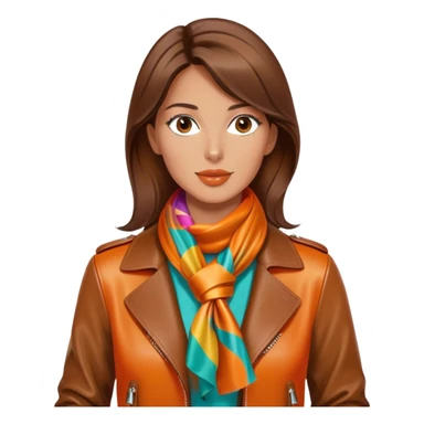 Elegant and tan woman wearing a leather Hermes jacket and a multicolored silk scarf around her neck. She has an orange Hermes Birkin Bag. I want the image to be close up, starting from the waist up.  sticker