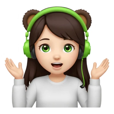 Animated emoji, Chibi girl, long dark brown hair, green eyes, wearing a white shirt and small brown bear ears on a black headset, with wide happy surprised eyes and mouth and clapping excitedly sticker