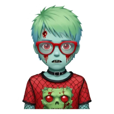 White hair, Ghoulia yelps monster high doll in scene/emo style cherry print dress with fishnet sleeves, clothes, thin, small, red, rectangle glasses, pale white-blue skin, pale-green shaggy short hair , zombie scars , boy, punk choker sticker