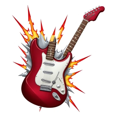 Create a fierce and edgy emoji representing hardcore rock vocal performance in a humanless collage. The design should feature a vintage microphone at the center, Add crossed drumsticks behind the microphone to symbolize the rhythm and power of the drums. surrounded by a menacing, distorted electric guitar with sharp, aggressive angles. Include subtle elements like lightning bolts, flames, or jagged sound waves to evoke the raw energy and intensity of hardcore rock. Use dark, intense colors like black, red, and silver, with a metallic, gritty finish to convey the rebellious, aggressive spirit of the genre. The background should be transparent. sticker