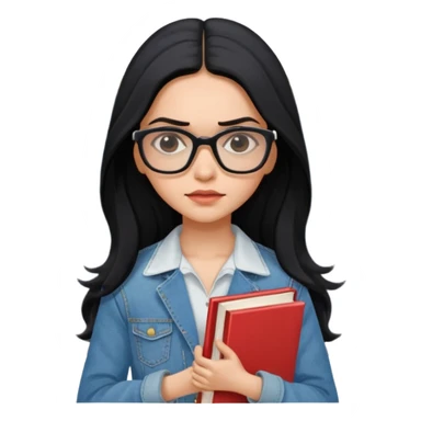 generate a pretty bratz emoji 
Make her wear a white dress with a denim jacket over it.long  black hair in a side part. Holding books

She should look exactly  like Deepika padukone! wearing tiny rectangular spectacle, looking sad sticker