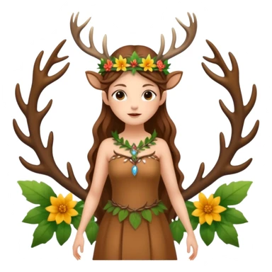 forest fairy woman dressed as deer spirit, antler crown and leaf dress, standing in flowers sticker