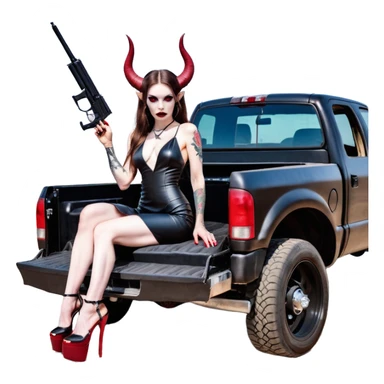 Lilith model red eye sexy black  devil horns.  long brown haired sexy succubus woman with leather long dress slit, sitting on big Large F350 pickup truck. Black Platform high heels on feet. Tattoo sleeve arms, dead human skull of her ex skull is on top of stack of cash and a gun in  hand sticker