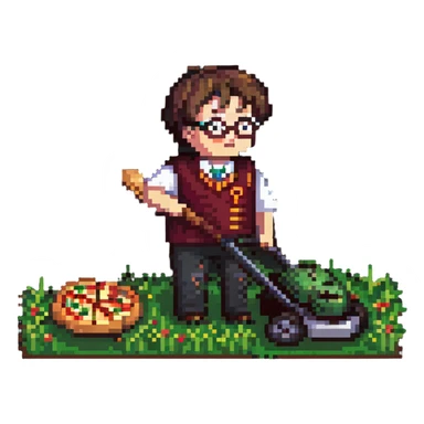Harry Potter mowing the lawn with pizza sticker