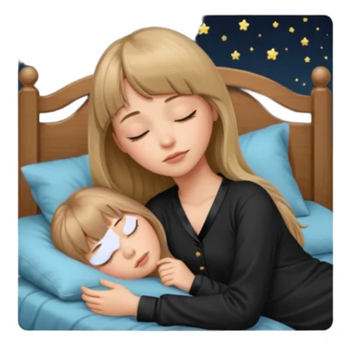 Young woman with long dark blond hair all around her, and a bang, sleeping in bed  with black pyjama  sticker