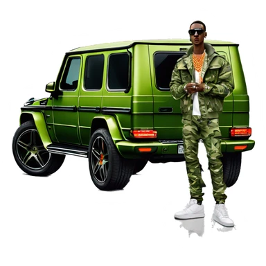 Young Dolph luxury clothes,diamond chain on,getting inside but not all the way in,just opened car door to his all orange and green colored,whole car painted army camouflage, Mercedes G Wagon sticker