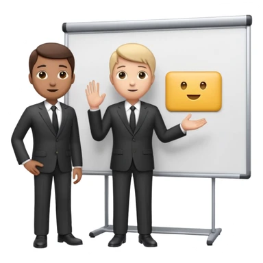 A clean emoji-style illustration of a person giving a presentation, standing next to a large presentation board on a stand, board is white and there is nothing on it, the board is oversized and clearly visible, no podium, no desk, no table, friendly proportions, soft 3D emoji style sticker