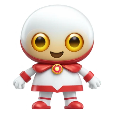 Very shiny full body character with pill capsule head with retro antennae and jetsons aesthetic sailor moon eyes  puffy body and welcoming waving arms Japanese animation inspired Anpanman with big boots and antennae red and white colors only sticker