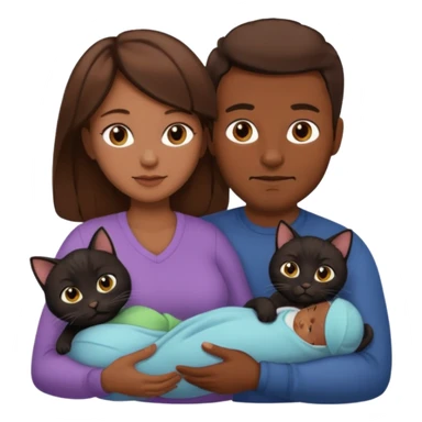 1 mom brown hair, 1 dad no beard, 1 baby and 1 black cat sticker