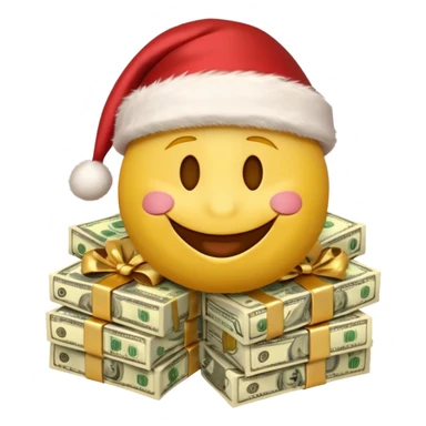 A festive 3D emoji style yellow smiley face wearing a Santa hat, surrounded by stacks of cash and dollar bills, joyful expression, Christmas and New Year theme, high quality, clean design, studio lighting, no text, no background, isolated object, transparent background, emojis.com style sticker