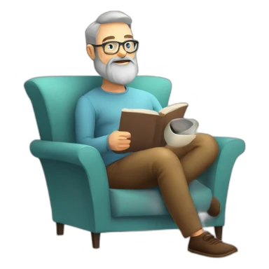 Bearded 50 years old man, glasses, perspective armchair, Reading at home, drinking a coffee, relax sticker