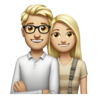Create an iPhone-style emoji of a nerdy, skinny, white blond guy in his mid-20s with glasses and braces, standing behind his shorter adopted sister, hands on her shoulders, smiling menacingly at her. sticker