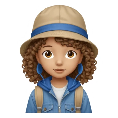 A little girl student curly brown hair, with jean bucket hat, beige jacket, blue backpack sticker