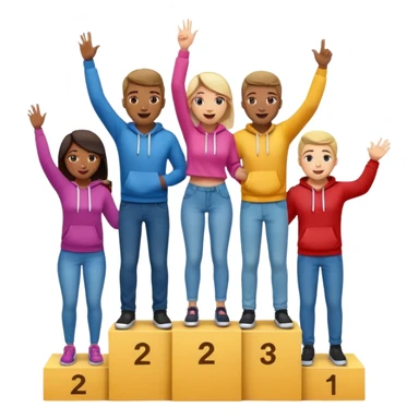 multi-racial men and women standing on a winners’ podium with the middle podium position elevated, no numbers on podium, casually dressed in fun colorful jeans t-shirts and hoodies, excited fun expressive emoji style sticker