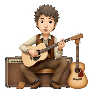 Icon for Folk Music: Bob Dylan with his harmonica and acoustic guitar, performing with his band on stage. The atmosphere should be intimate and nostalgic, capturing the soul of folk music with simple instruments and natural vibes. Transparent background. sticker