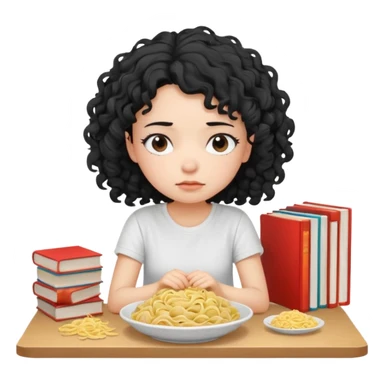 generate a pretty bratz fair skinned girl with curly black hair wearing a white tshirt sitting on a table with noodles and books. looking sleepy and tired sticker