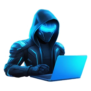 Hacker behind his laptop with this style : crysis Cyberpunk Valorant neon glowing bright blue character blue black hooded assassin themed character sticker