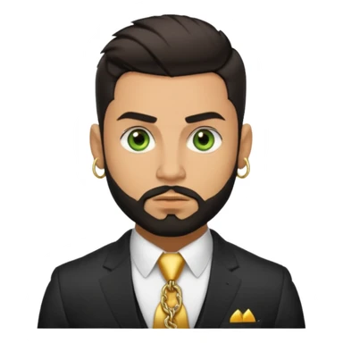 green eyes, dark short hair, muscular shoulders, gold chain, big lips big nose big eyes, masculine good looking, dark beard wearing a suit buttons of the shirt open and olive skin tone  sticker