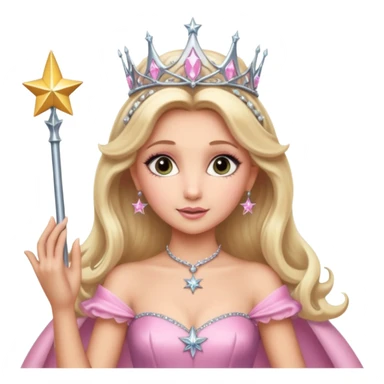 glinda the good witch from wicked movie (ariana grande) blonde hair, beautiful, big silver thin tiara, star wand, pink gown sticker