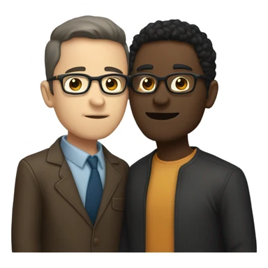 Two men kissing, one white skin with black hair, one brown with glasses sticker
