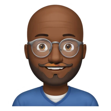 African american male, bald, full gray beard, black mustache. Round face, glasses sticker