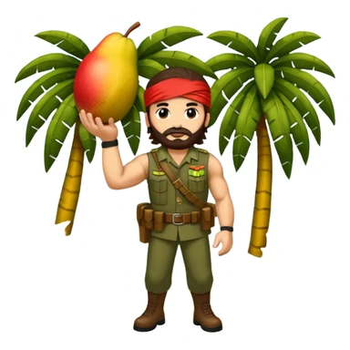 quiero que crees la imange de un Mango con Brazos fuertes y piernas como las de un culturista, que lleve uniforme militar de selva y que tenga pelo largo y una bandana roja en la cabeza como la de rambo y tambien que este en posicion de ataque con una ametralladora pixelart sticker
