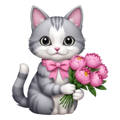 Cute cat Handing pink peonies like reaching a hand and handing them out a bouquet of them not a physical hand the cats hand  make the cat fluffy and grey and white fluffier make the cat wear a pink coquette make her wear a pink coquette sticker