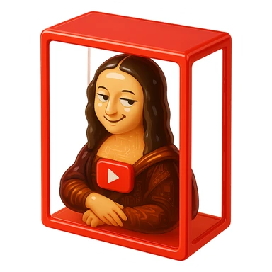 Mona Lisa with a playful sarcastic grin, red YouTube play button, glossy circuit style, in red box sticker