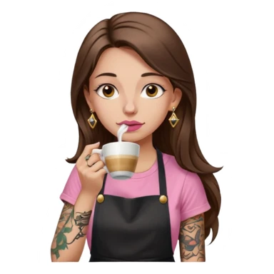 Fille cheveux long châtain, peau beige type européen, teeshirt rose avec un tablier noir, piercing au nez anneau doré, boucle d’oreille diamant doré. Elle boit un café. tatouage à la gorge  sticker