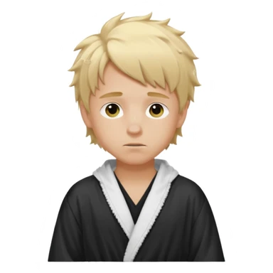 Create a blond boy with long, messy hair, light eyes, a white t-shirt, rich, with long hair, blue eyes, medium-length, voluminous hair, wearing a black Nike bathrobe and a little blush near his nose. sticker