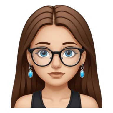 White girl with long brown hair, part going more to the RIGHT side, BLUE eyes, wearing BLACK rectangle plastic frame glasses. SEPTUM nose piercing hoop (at bottom of nose) AND stud nose piercing on right side of nose. Wearing BLACK tank top. No other jewelry sticker