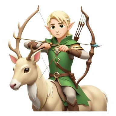 clash-of-clans-aesthetic-blond-male elf-archer-portrait-emoji, rendered in a flat, vector-style with minimal shading and bold holding his bow, simplified shapes, head tilted slightly forward with a determined, focused expression, riding a majestic white stag whose antlers glow with mystical energy, set against an ancient, enchanted forest backdrop. sticker