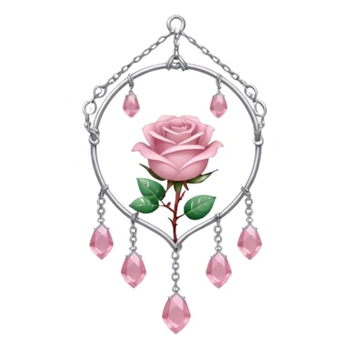 Rose-pink-metal-chained rose-quartz-crystallic romantic delicate fine pretty suncatcher  with tiny red roses, silvery vines, tiny quartz crystals sticker