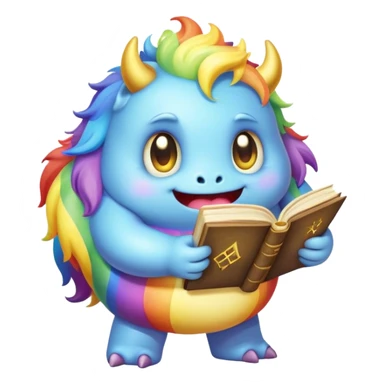 Kawaii derpy fat rainbow monster with magic spell book, rich textures, visually rich, so lifelike that it feels like it could leap off the page at any moment sticker