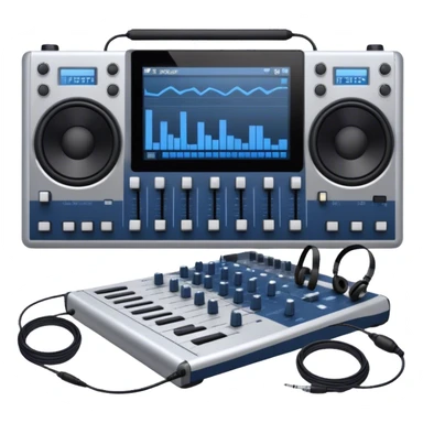 Create a professional and technical emoji that represents sound engineering. The design should feature a sound mixing console with faders, a pair of studio headphones, and audio waveforms to symbolize the precision and technicality of sound mixing and mastering. Include elements like a microphone or audio cables to reflect the recording aspect. Use colors like silver, black, and dark blue to represent the technical, yet artistic side of sound engineering. The background should be transparent. sticker
