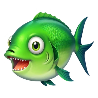 super derpy bright green fish shown from side profile facing right, but with both bulging eyes comically looking at viewer, buck teeth, drooling mouth, flat 2D side view only sticker