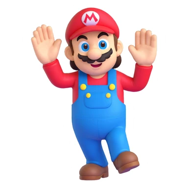 Mario in 3D style, red hat and blue overalls, strong three-dimensional sense, modern animation texture, waving action sticker