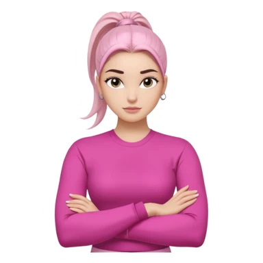 Character: Go-getter, confident, intelligent, composed
Emoji Look:

Light gray eyes, very noticeable

Well-shaped eyebrows, strong appearance

Upper ponytail

Street fashion look
Fair skin with a pink undertone

Arms crossed pose
Feeling: Girl Boss, cool beauty, minimal but powerful sticker