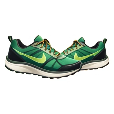 A dynamic icon featuring a pair of running shoes in motion on a scenic trail, surrounded by trees and mountains. The background shows a sunrise, symbolizing energy and passion for running. Transparent background enhances the focus on movement and the joy of outdoor jogging. sticker