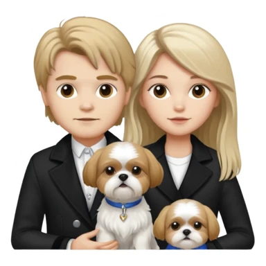 A couple boy with nice hair  and beautiful girl with long dark blond hair and with two shih tzu dogs with  black and white coat sticker