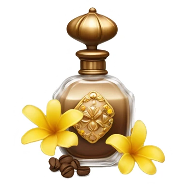 An antique perfume bottle with oil made of bronze and brown crystals, coconut, cream and coffee milk flow, yellow flowers of fragrant vanilla lie next to it sticker