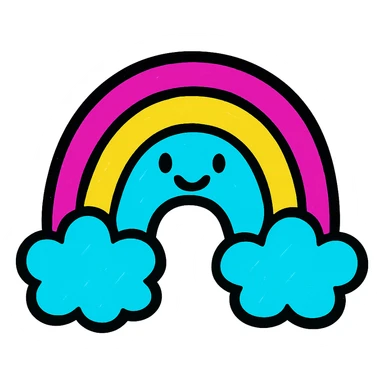 a cheerful rainbow with clouds, vivid and lively, pop colors style sticker